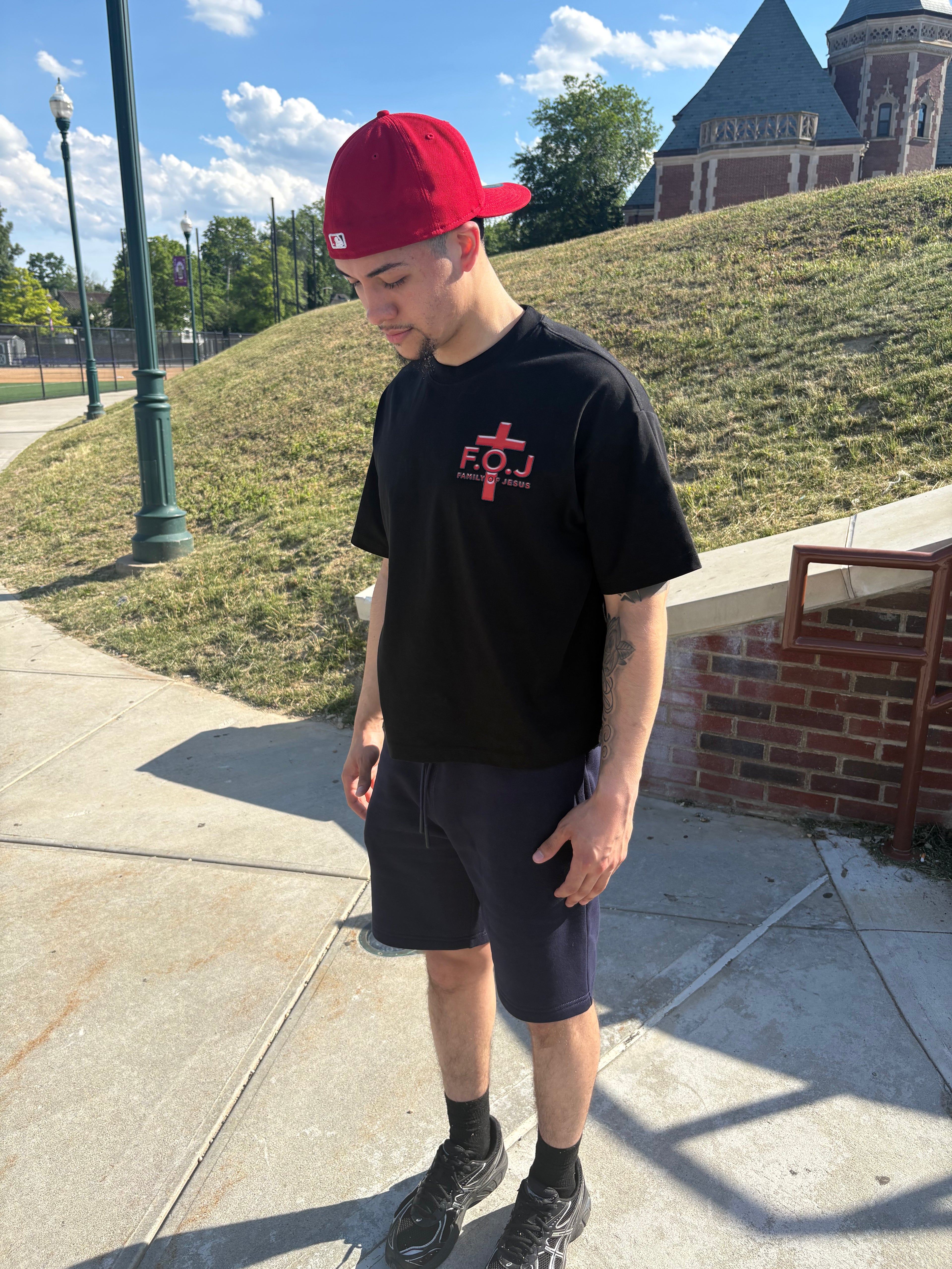 FOJ Boxy T Shirt Black With Red Logo