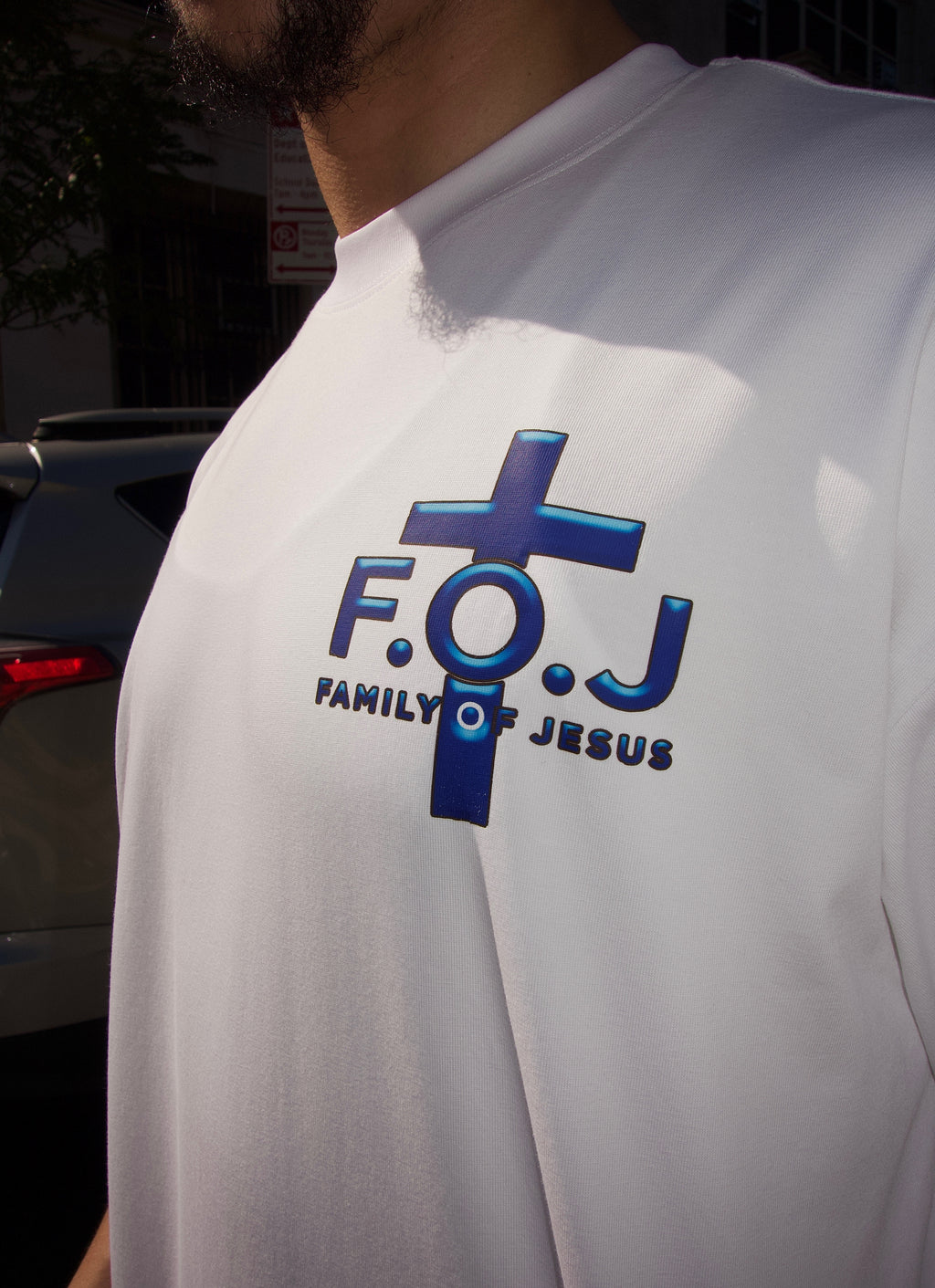 FOJ Boxy T-Shirt White With Blue Logo